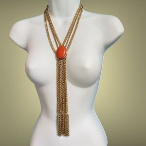 CHARMING CHARLIE Orange & Gold Chain Tassel Necklace